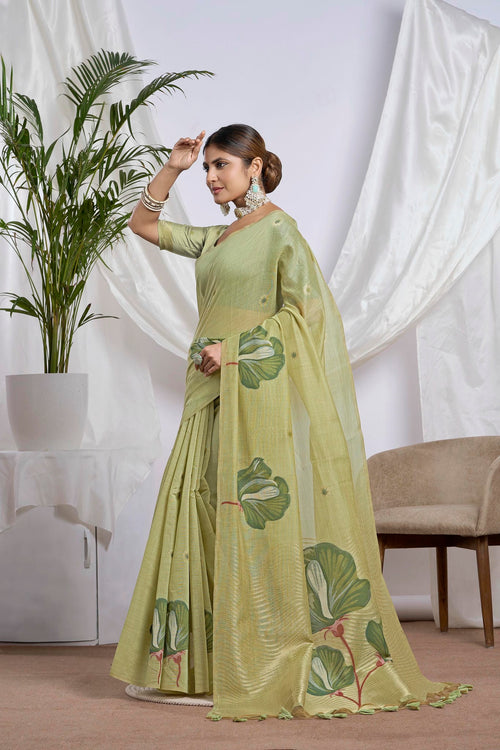 Pastel Lime Green Zari Jamdani Soft Cotton Saree | Floral Motifs