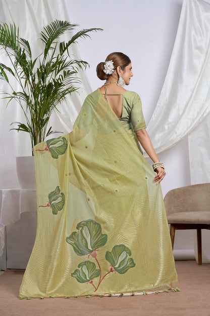 Pastel Lime Green Zari Jamdani Soft Cotton Saree | Floral Motifs