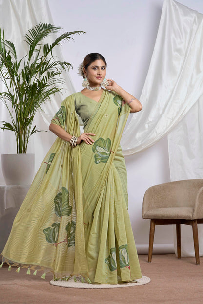 Pastel Lime Green Zari Jamdani Soft Cotton Saree | Floral Motifs