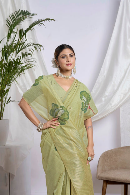 Pastel Lime Green Zari Jamdani Soft Cotton Saree | Floral Motifs