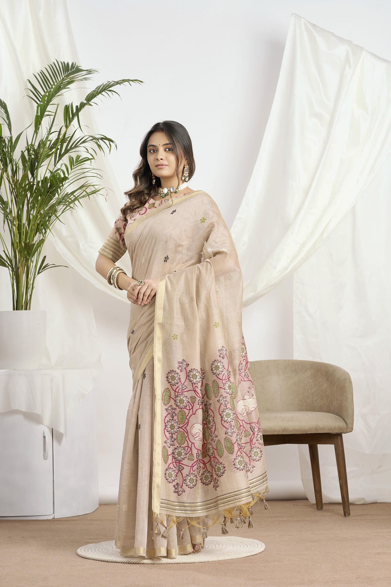 Champagne Beige Silk-Cotton Saree | Ethnic Woven Motifs and Pichwai Pallu With Jari Border