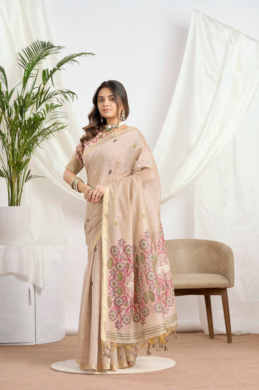 Champagne Beige Silk-Cotton Saree | Ethnic Woven Motifs and Pichwai Pallu With Jari Border