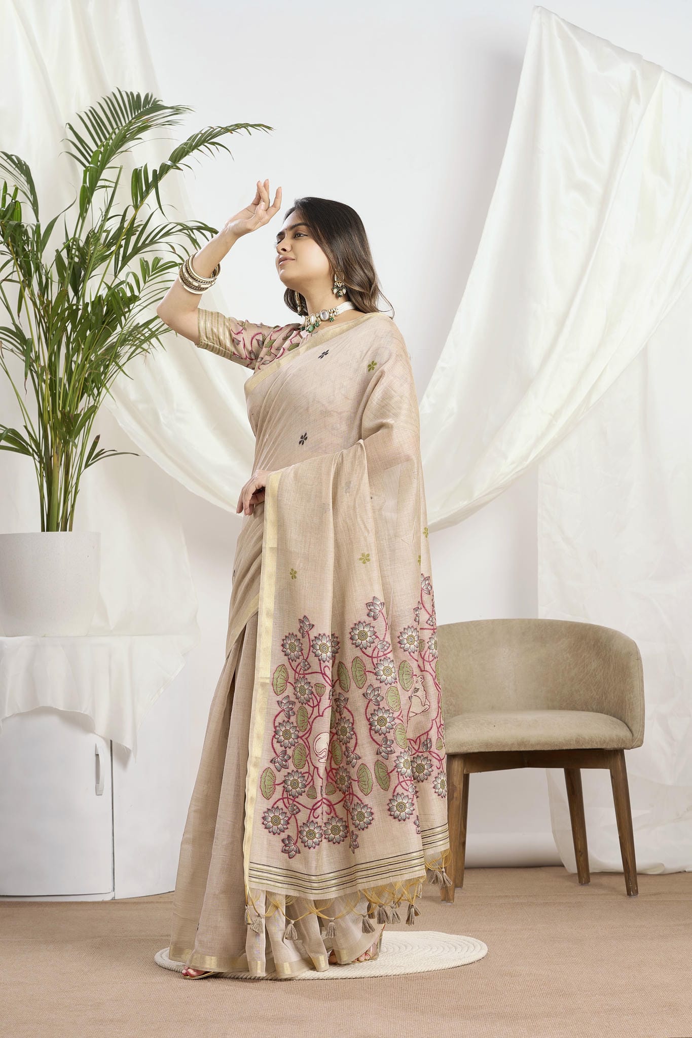 Champagne Beige Silk-Cotton Saree | Ethnic Woven Motifs and Pichwai Pallu With Jari Border