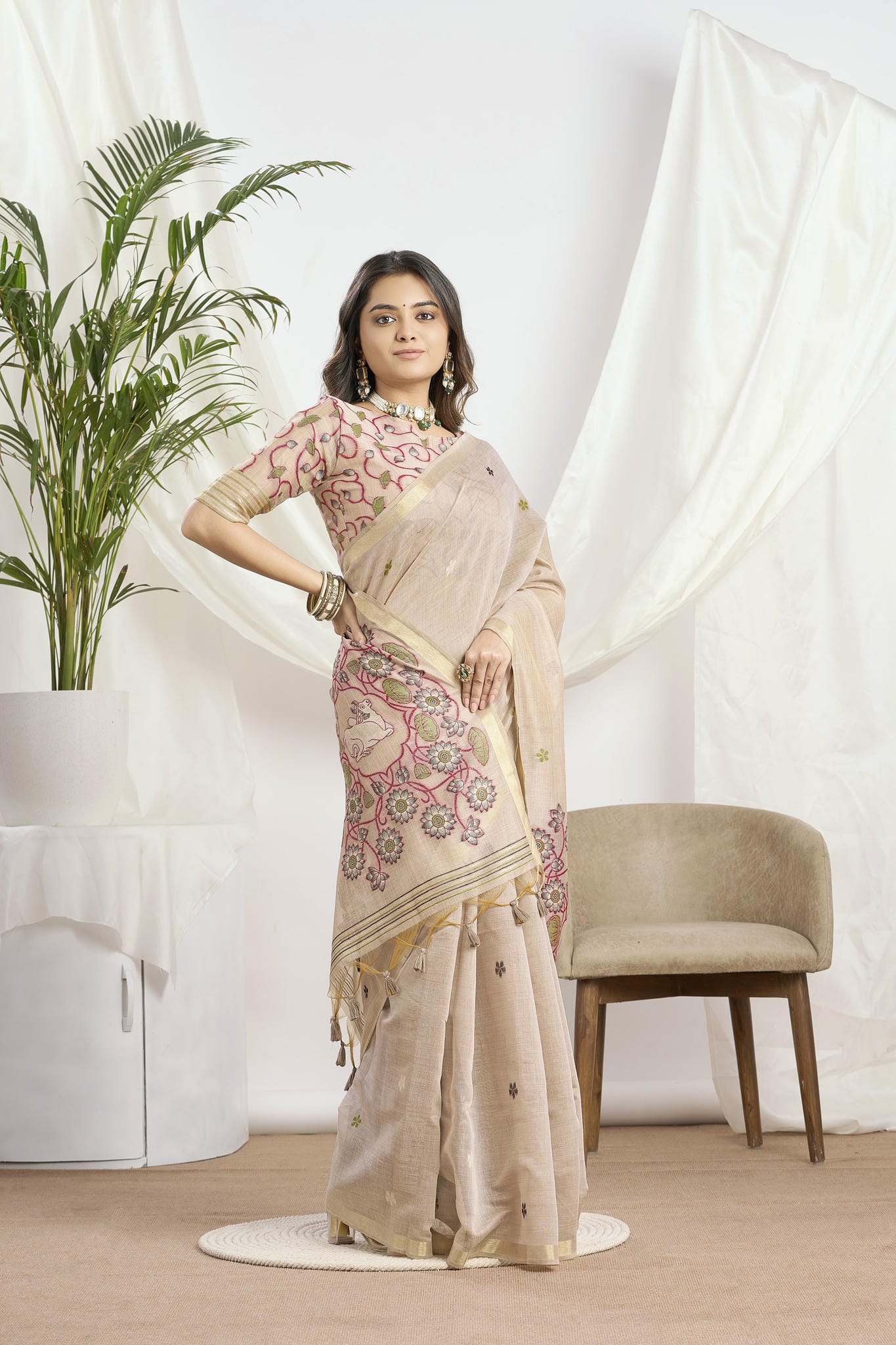Champagne Beige Silk-Cotton Saree | Ethnic Woven Motifs and Pichwai Pallu With Jari Border