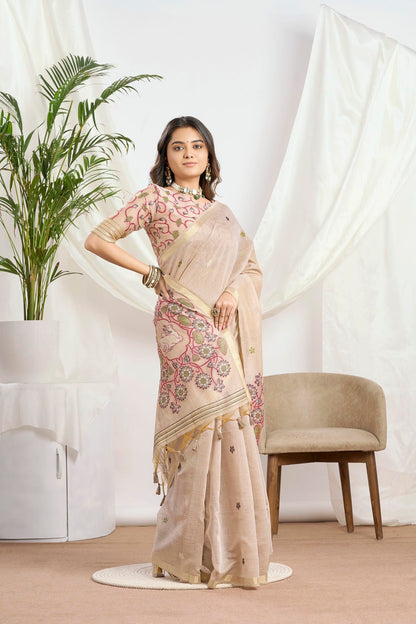 Champagne Beige Silk-Cotton Saree | Ethnic Woven Motifs and Pichwai Pallu With Jari Border