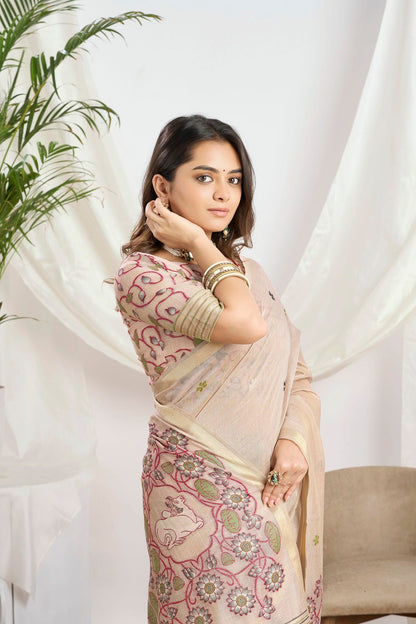 Champagne Beige Silk-Cotton Saree | Ethnic Woven Motifs and Pichwai Pallu With Jari Border