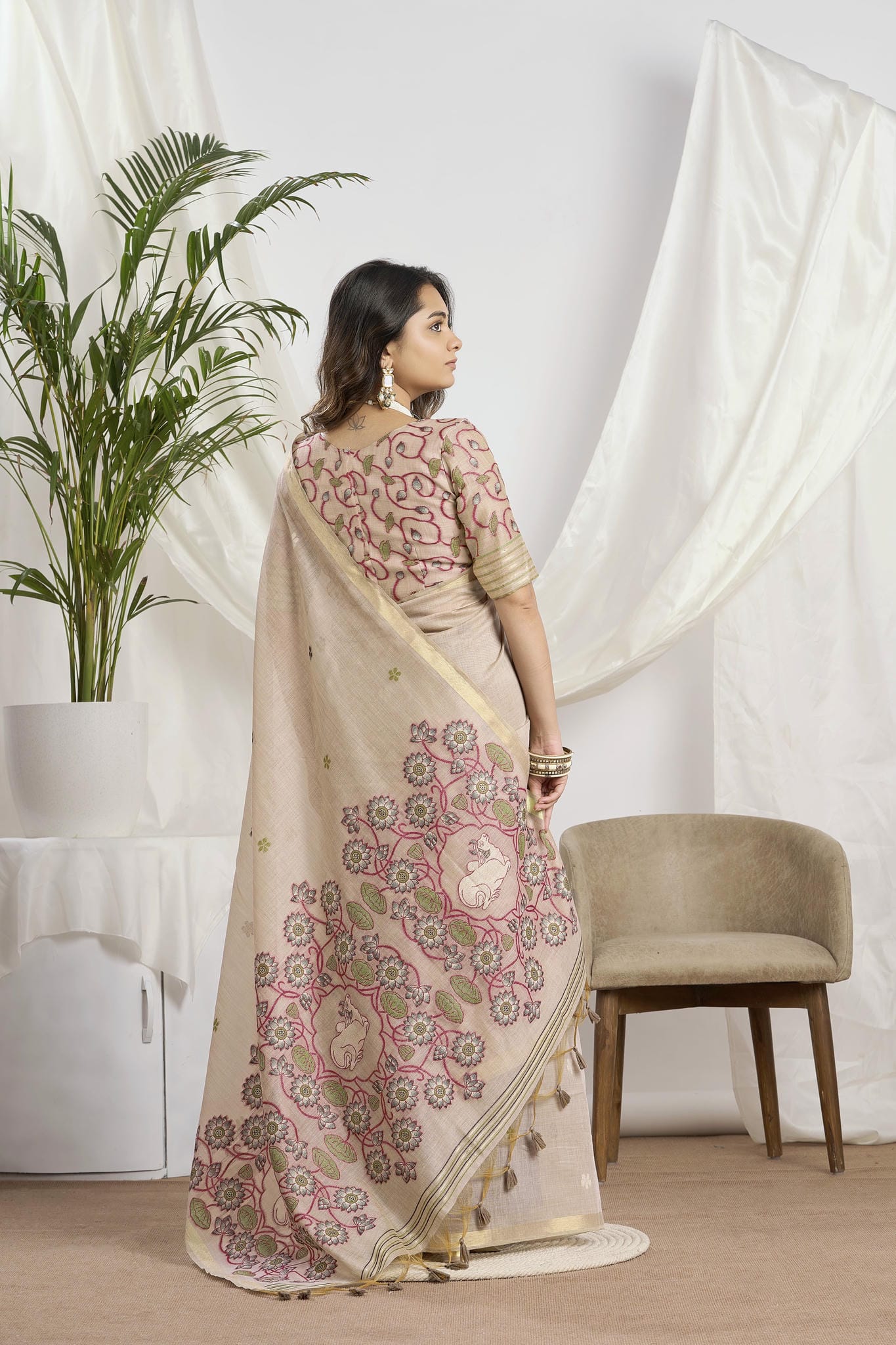 Champagne Beige Silk-Cotton Saree | Ethnic Woven Motifs and Pichwai Pallu With Jari Border