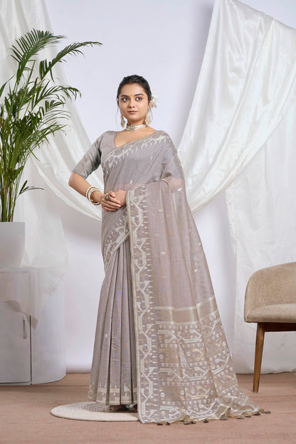 Deep Teal Zari Jamdani Muga-Cotton Saree | Woven Geometric Borders