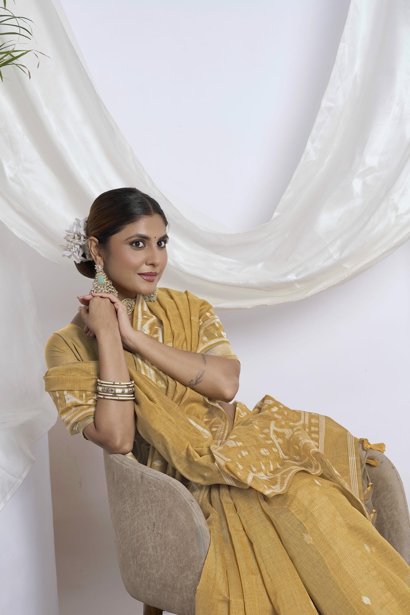 Beige Khaki Resham Work Muga-Tussar Saree | Heavy Floral Embroidery