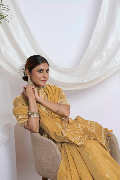 Beige Khaki Resham Work Muga-Tussar Saree | Heavy Floral Embroidery