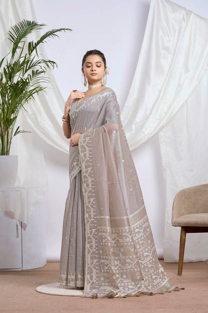 Deep Teal Zari Jamdani Muga-Cotton Saree | Woven Geometric Borders