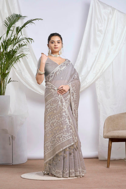 Deep Teal Zari Jamdani Muga-Cotton Saree | Woven Geometric Borders