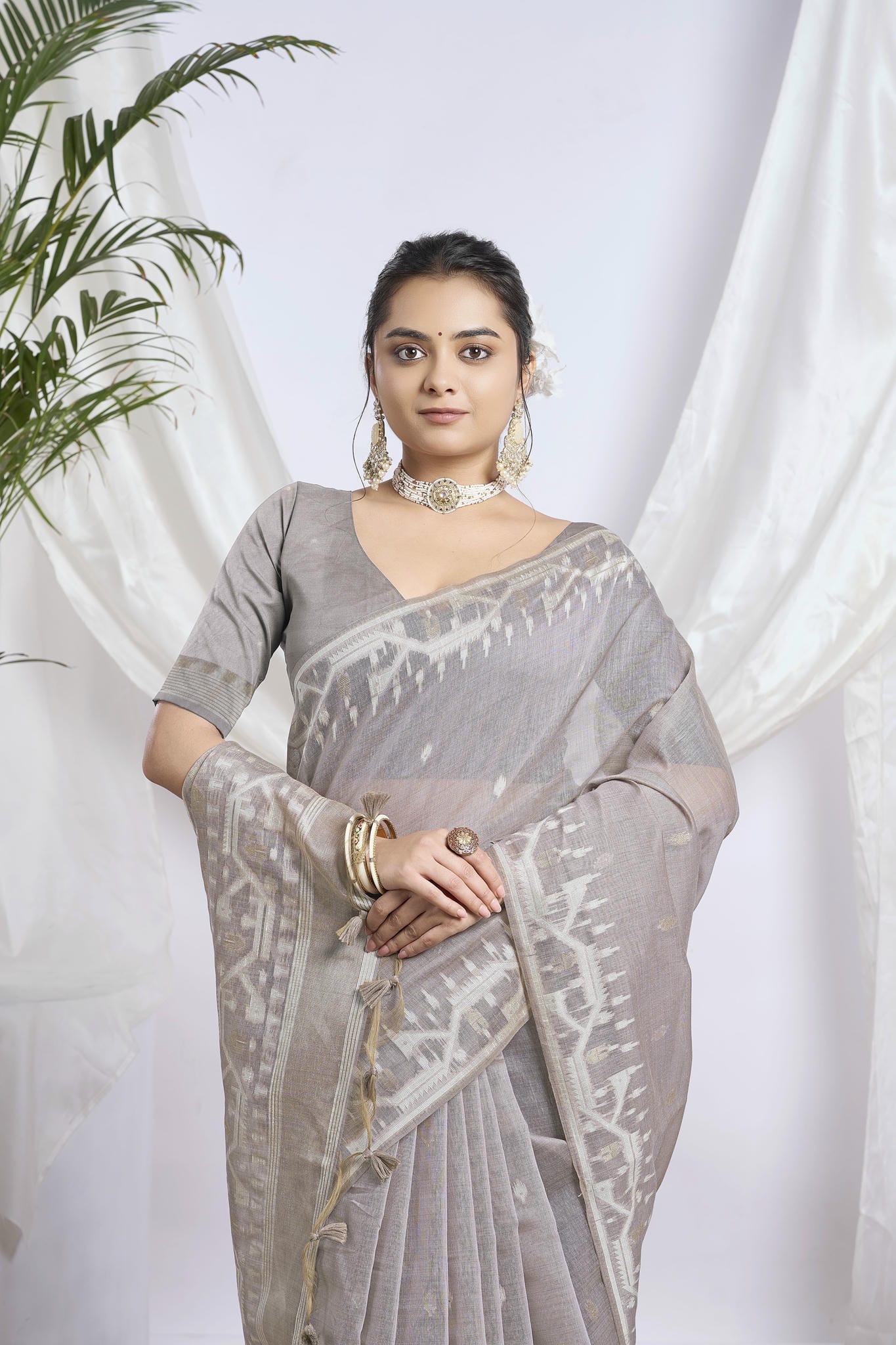 Beige Khaki Resham Work Muga-Tussar Saree | Heavy Floral Embroidery