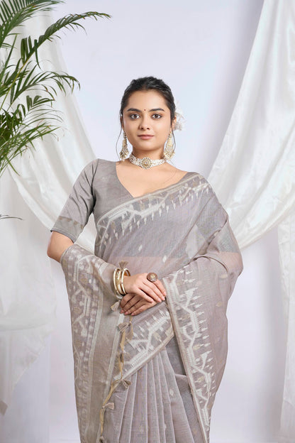 Beige Khaki Resham Work Muga-Tussar Saree | Heavy Floral Embroidery