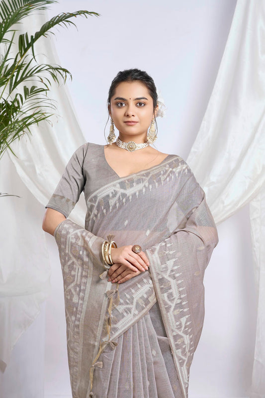 Deep Teal Zari Jamdani Muga-Cotton Saree | Woven Geometric Borders