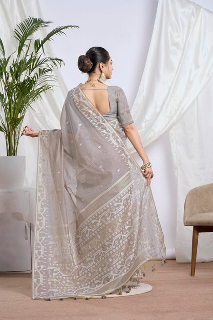 Deep Teal Zari Jamdani Muga-Cotton Saree | Woven Geometric Borders