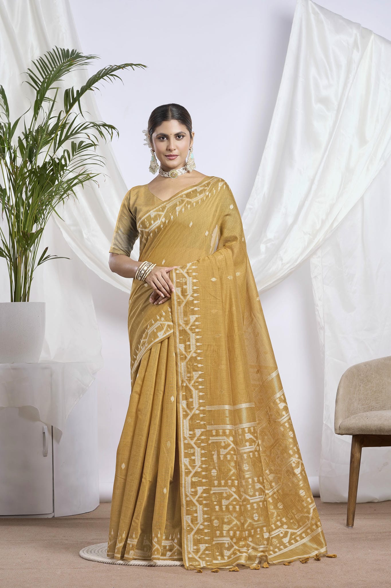 Beige Khaki Resham Work Muga-Tussar Saree | Heavy Floral Embroidery