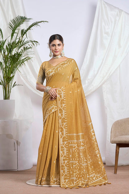Beige Khaki Resham Work Muga-Tussar Saree | Heavy Floral Embroidery