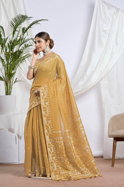 Beige Khaki Resham Work Muga-Tussar Saree | Heavy Floral Embroidery