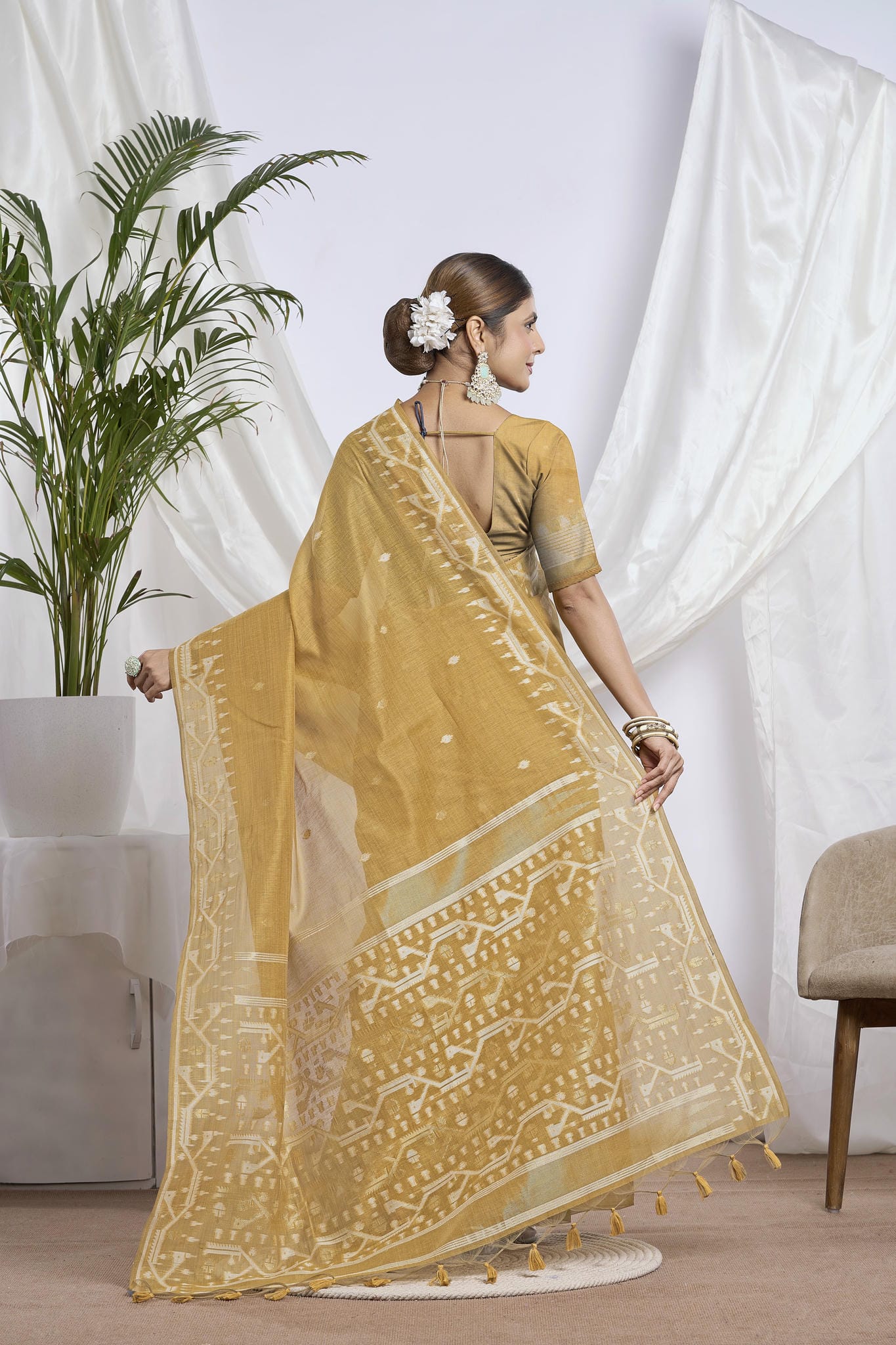 Beige Khaki Resham Work Muga-Tussar Saree | Heavy Floral Embroidery