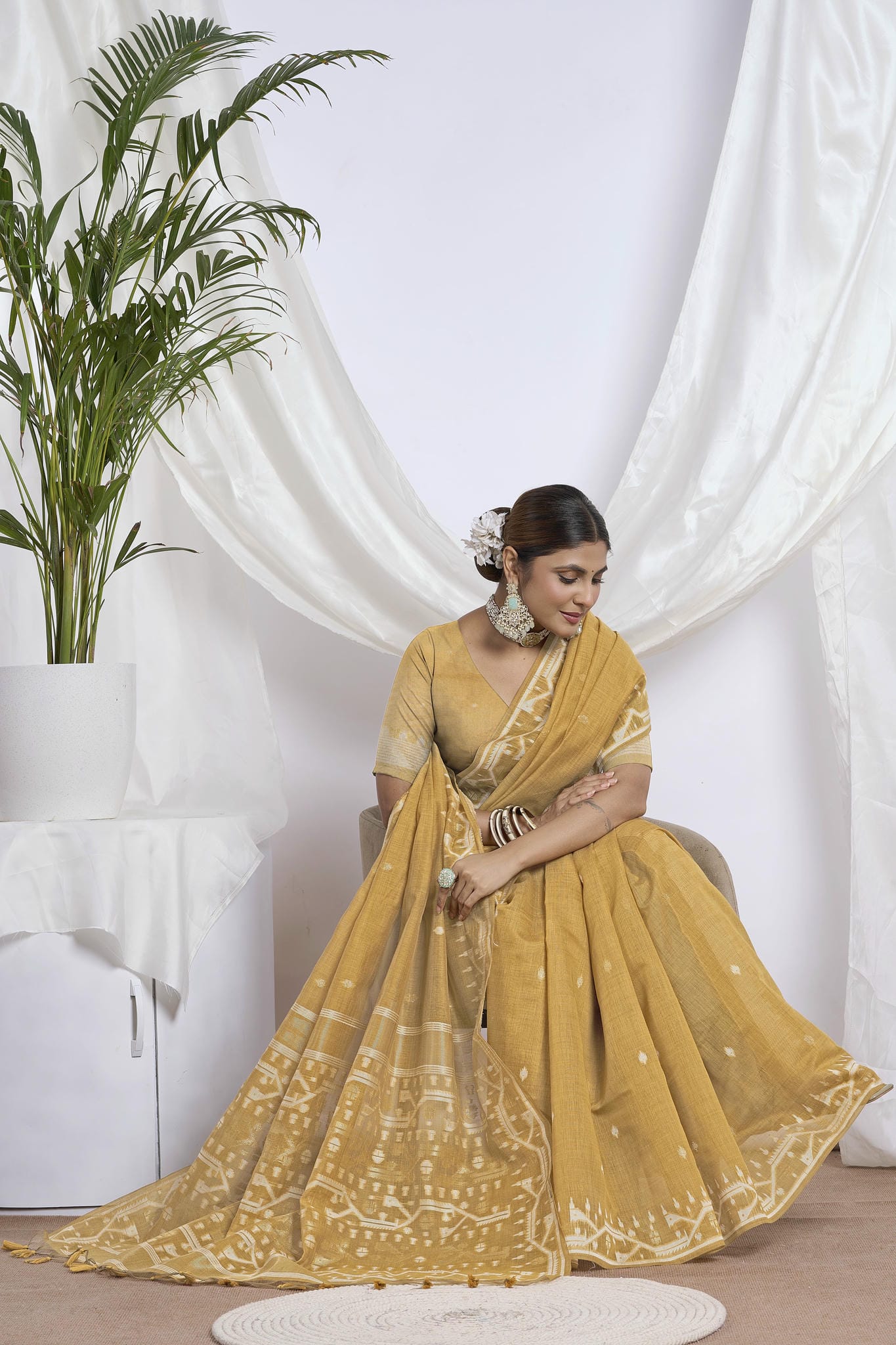 Beige Khaki Resham Work Muga-Tussar Saree | Heavy Floral Embroidery