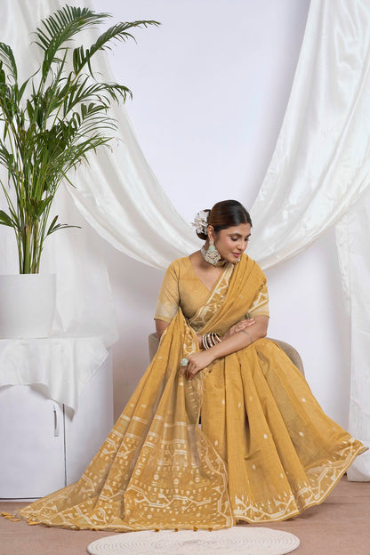 Beige Khaki Resham Work Muga-Tussar Saree | Heavy Floral Embroidery