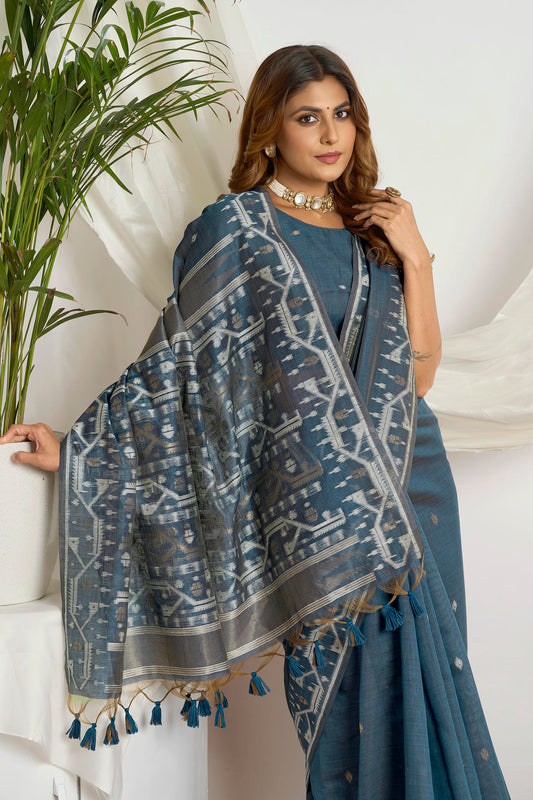 Dusty Blue Zari Jamdani Muga-Cotton Saree | Woven Geometric Pattern