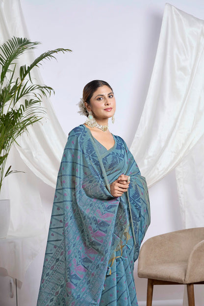 Dusty Blue Jamdani Muga Cotton Saree | Geometric Woven Motifs and Jamdani Border