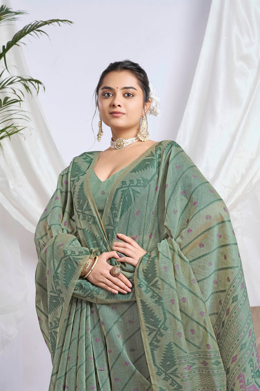 Dusty Sage Green Jamdani Soft Cotton Saree – Woven Design