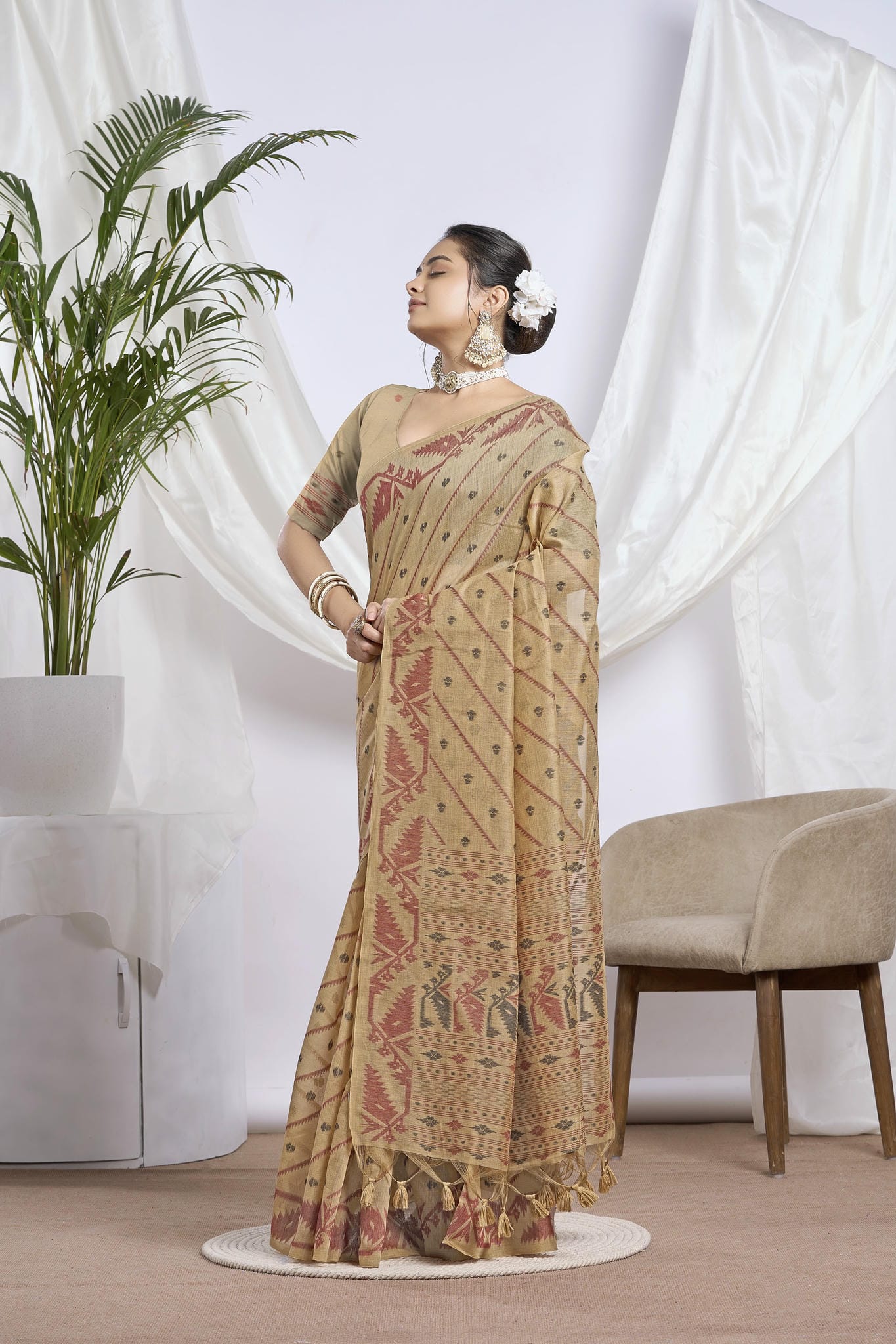 Dusty Beige Jamdani Muga Cotton Saree | Woven Geometric Motifs and Jamdani Border