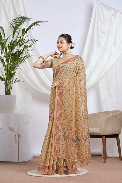 Dusty Beige Jamdani Muga Cotton Saree | Woven Geometric Motifs and Jamdani Border