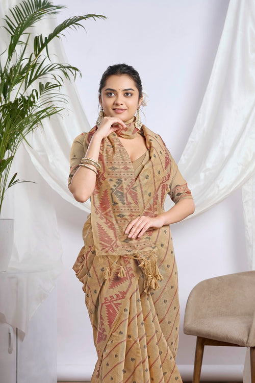 Dusty Beige Jamdani Muga Cotton Saree | Woven Geometric Motifs and Jamdani Border