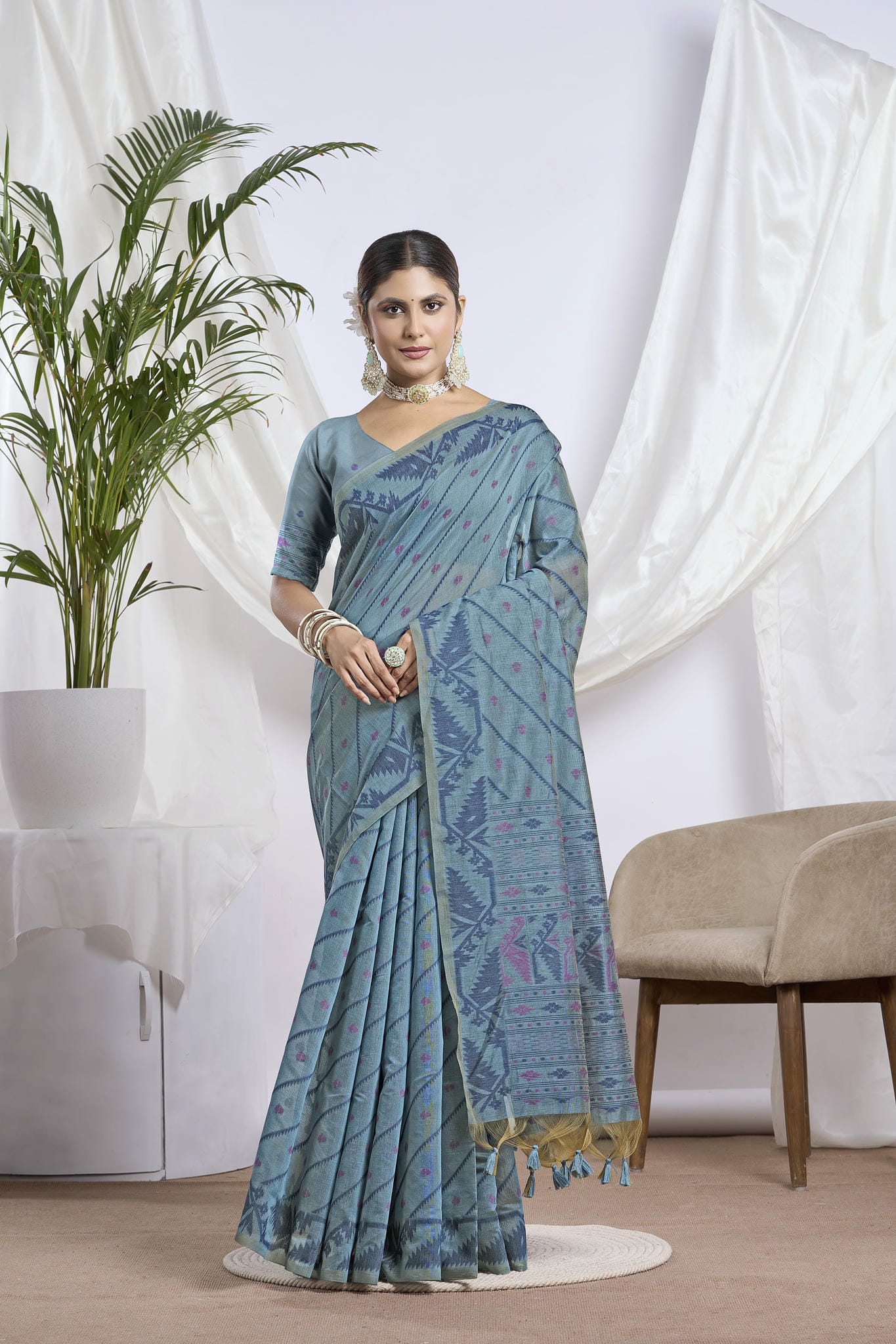 Deep Teal Zari Jamdani Muga-Cotton Saree | Woven Geometric Borders