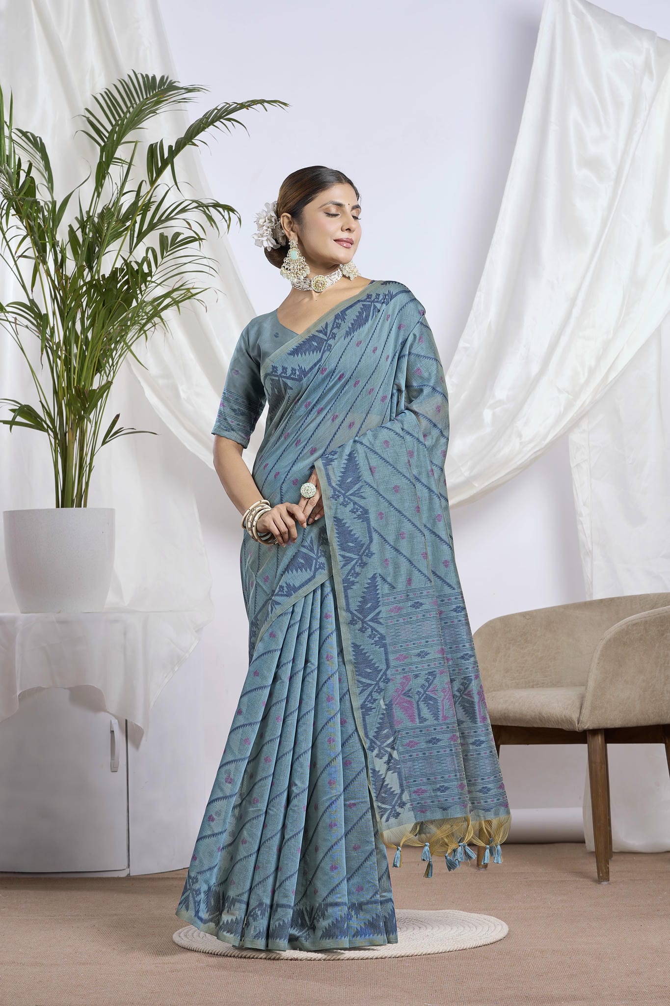 Dusty Blue Jamdani Muga Cotton Saree | Geometric Woven Motifs and Jamdani Border