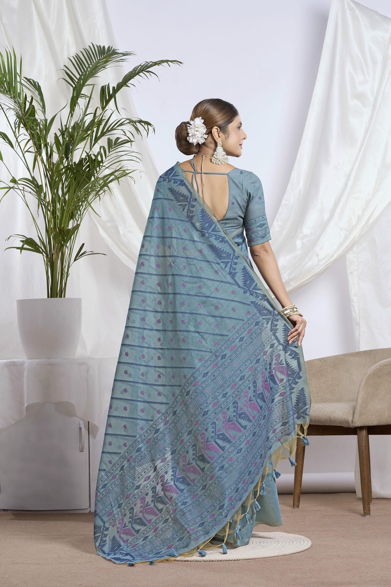 Dusty Blue Jamdani Muga Cotton Saree | Geometric Woven Motifs and Jamdani Border