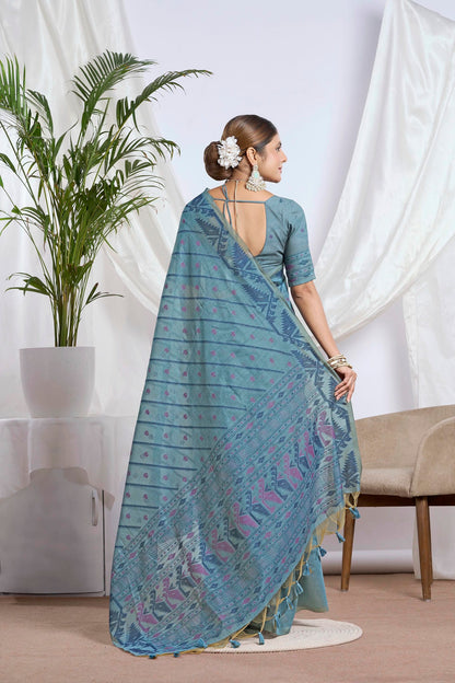 Dusty Blue Jamdani Muga Cotton Saree | Geometric Woven Motifs and Jamdani Border
