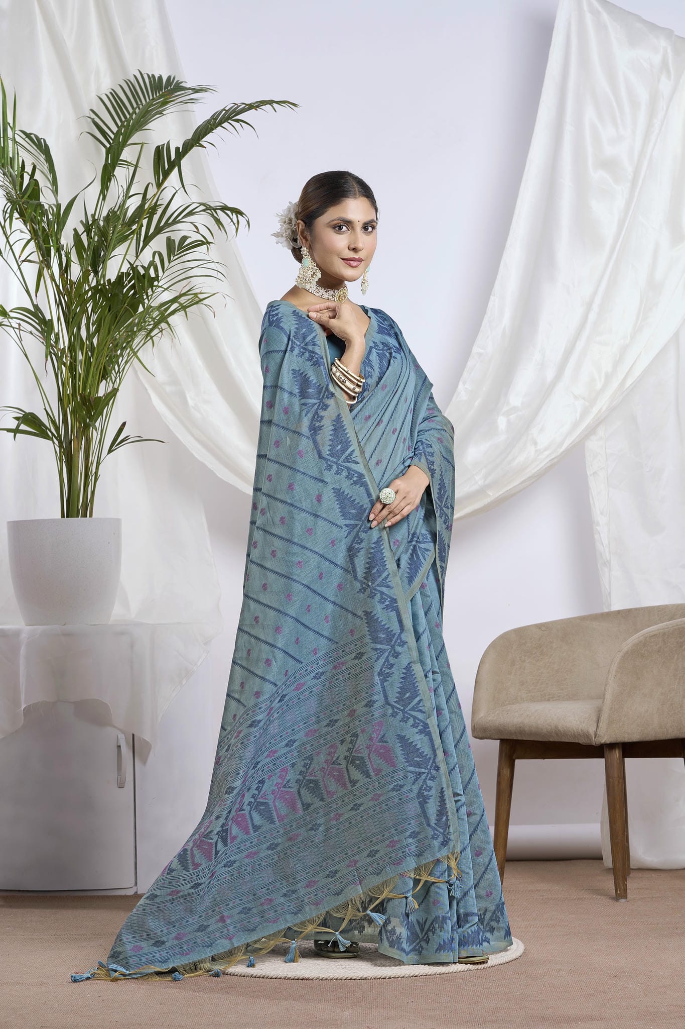 Dusty Blue Jamdani Muga Cotton Saree | Geometric Woven Motifs and Jamdani Border