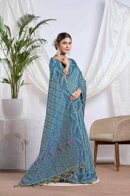 Dusty Blue Jamdani Muga Cotton Saree | Geometric Woven Motifs and Jamdani Border