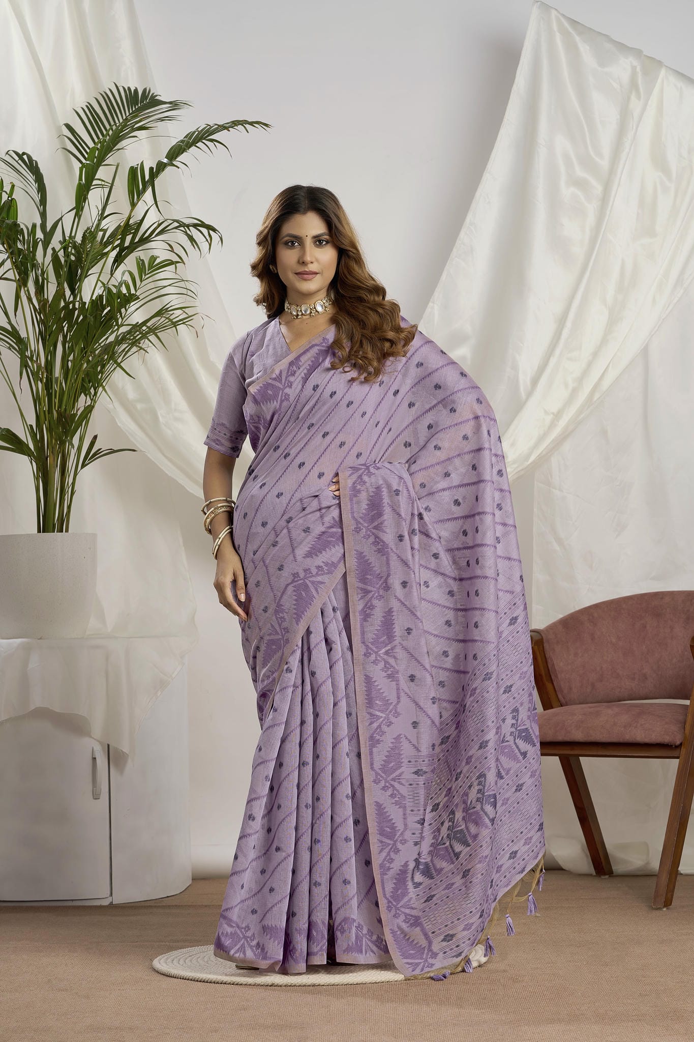 Deep Teal Zari Jamdani Muga-Cotton Saree | Woven Geometric Borders