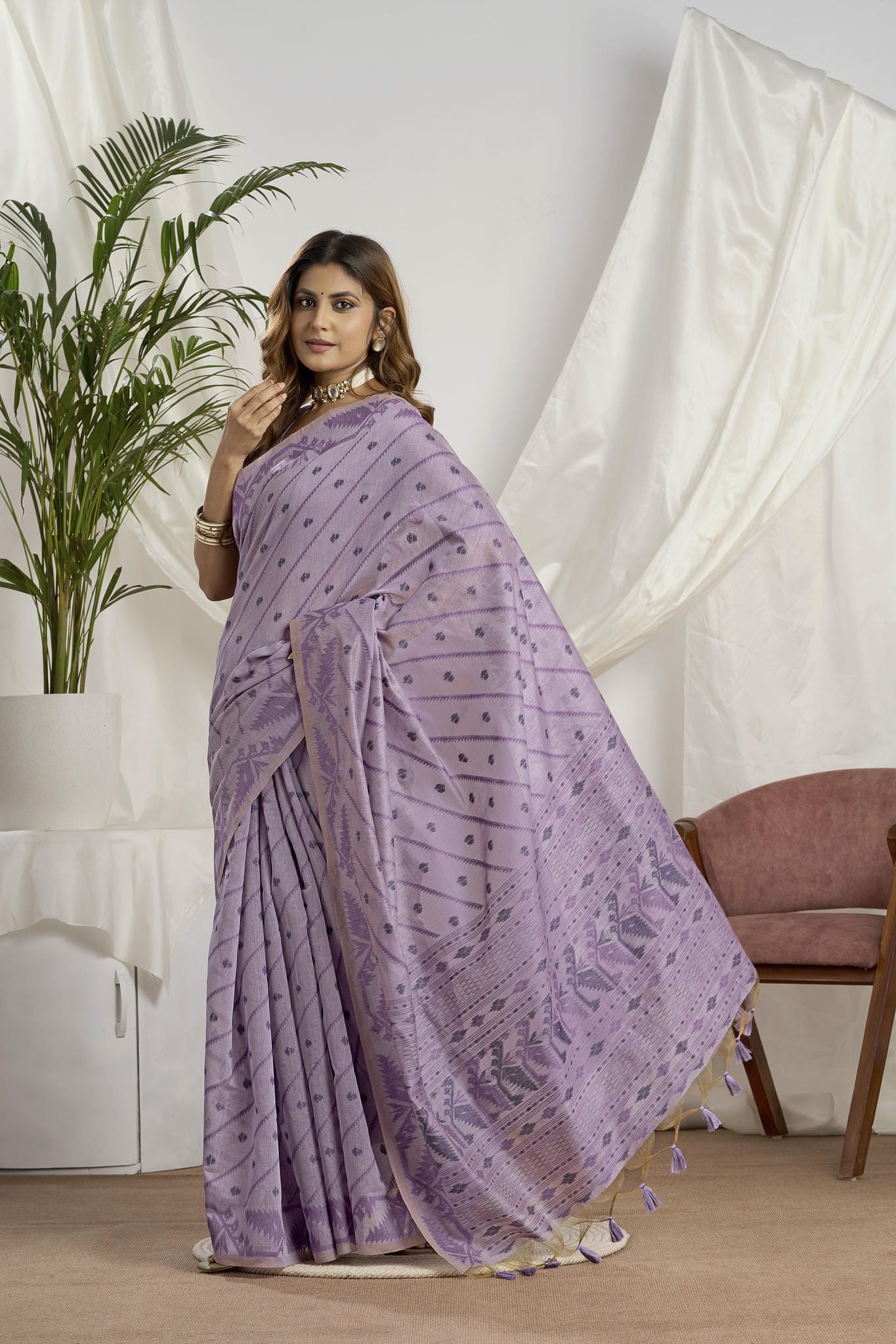 Deep Teal Zari Jamdani Muga-Cotton Saree | Woven Geometric Borders