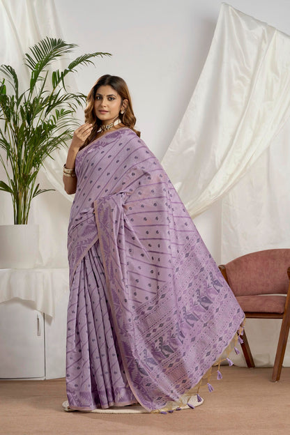 Deep Teal Zari Jamdani Muga-Cotton Saree | Woven Geometric Borders