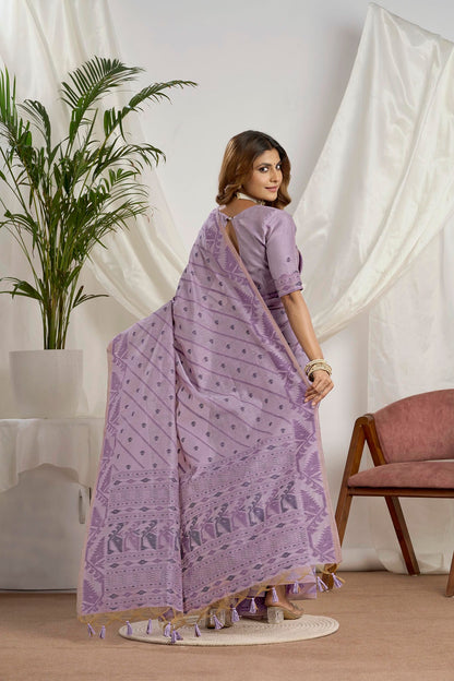 Deep Teal Zari Jamdani Muga-Cotton Saree | Woven Geometric Borders