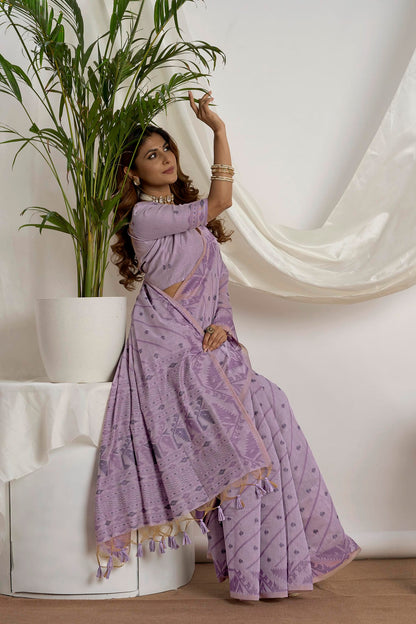 Deep Teal Zari Jamdani Muga-Cotton Saree | Woven Geometric Borders