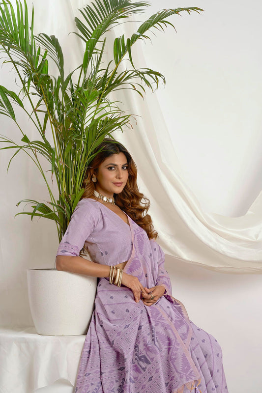 Deep Teal Zari Jamdani Muga-Cotton Saree | Woven Geometric Borders