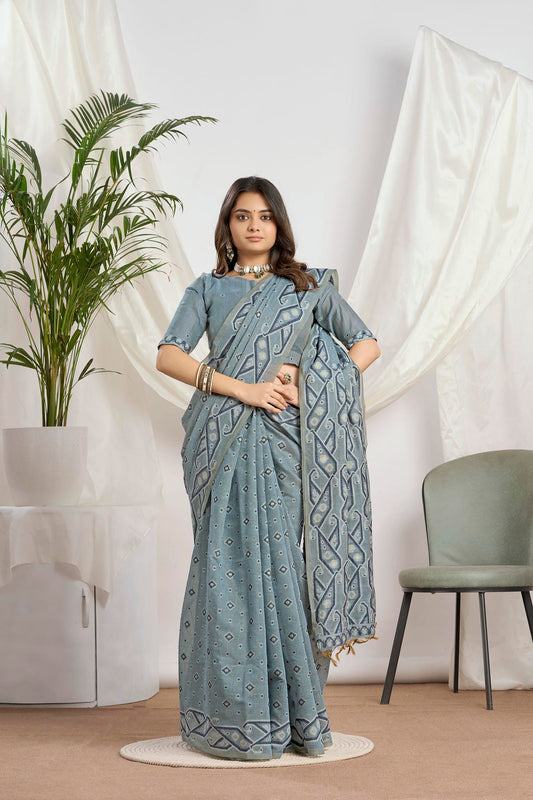Slate Grey Woven Print Linen-Cotton Saree | Traditional Paisley Motifs