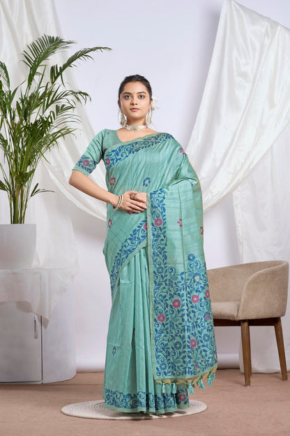 Dhakai Tassar Silk Saree in Sea Green with Magenta Floral Motifs