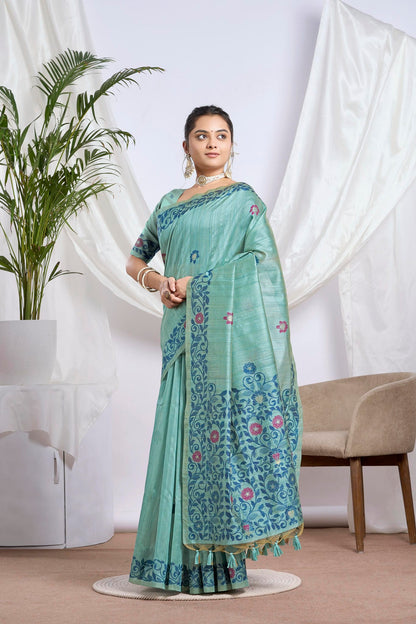 Dhakai Tassar Silk Saree in Beige with Kalamkari-Style Weave