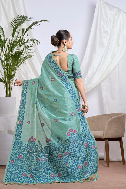 Dhakai Tassar Silk Saree in Sea Green with Magenta Floral Motifs
