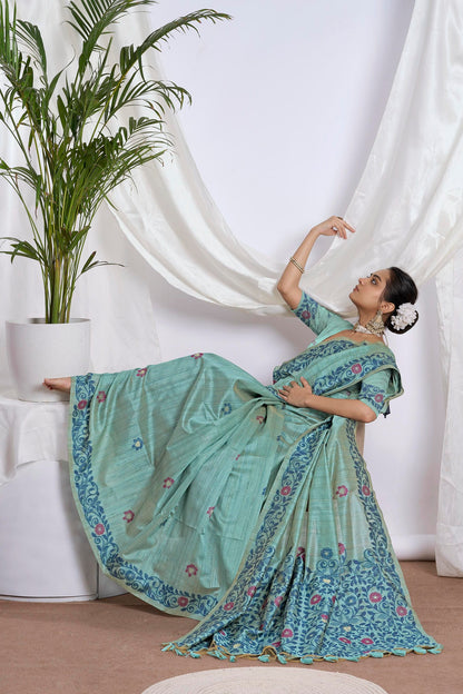 Dhakai Tassar Silk Saree in Sea Green with Magenta Floral Motifs