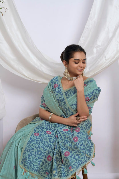 Dhakai Tassar Silk Saree in Sea Green with Magenta Floral Motifs